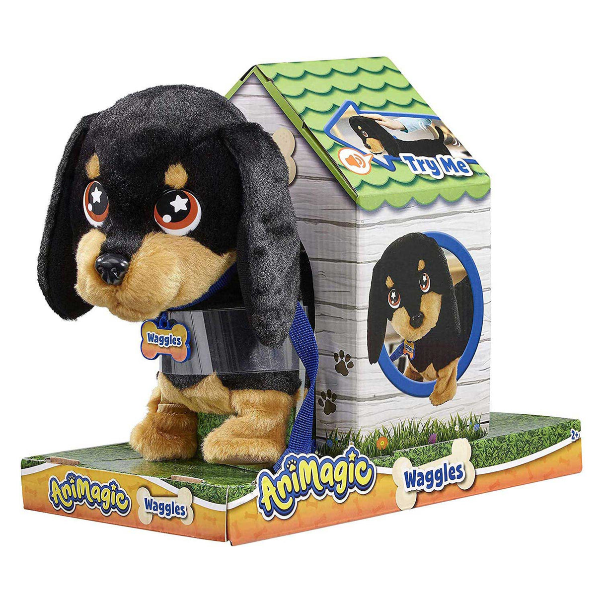 Goliath animagic waggles peluche chien - noir - peluche interactive - marcher et communiquer avec waggles