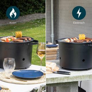 Barbecue seau hybride Princess 112240 | électrique | charbon de bois (noir, ø 32 cm | avec planche de service et planche à découper en bambou de luxe)
