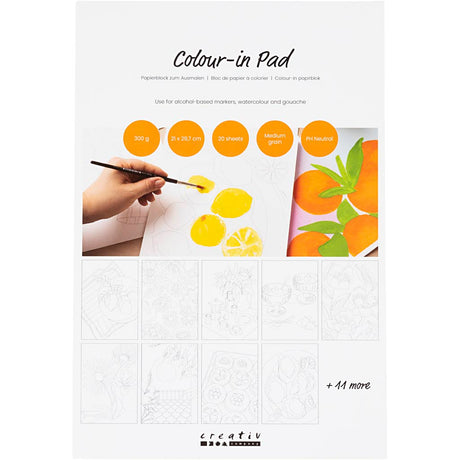 Papier bloc couleur Creativ company, a4, feuille 210x297 mm, pressé à froid, grain moyen, 300 gr, blanc, 20 feuilles 1 pièce