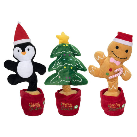 Peluche de Noël chantant danse lumineuse 35 cm 3-ass 3xaa batt incl, arbre de Noël et pingouin
