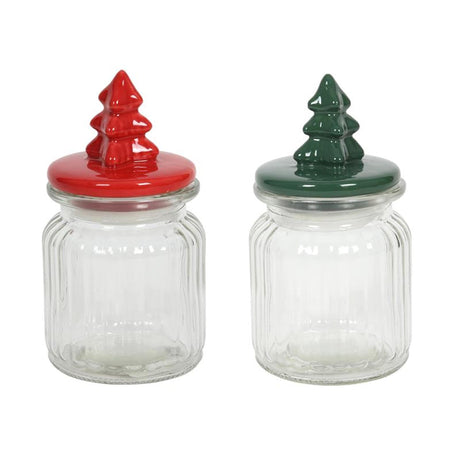 Pot de rangement Svenska living d7,8xh9+6cm, pot en verre rouge et vert arbre et dessus en dolomite.