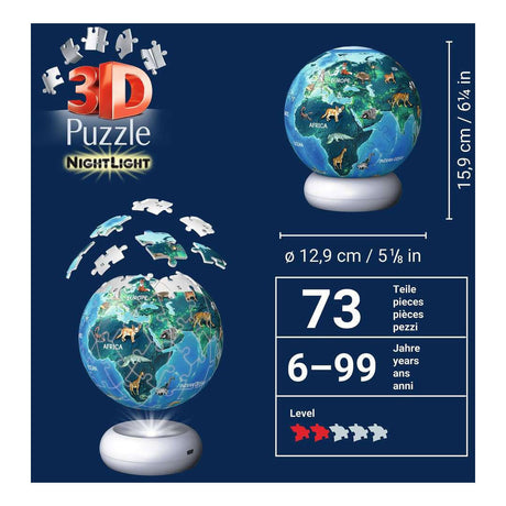 Ravensburger – aarde met diermotieven – 3d puzzle-ball nachtlicht – 73 stukjes