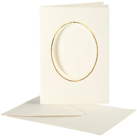 Cartes passe-partout Creativ company, ovales avec bord doré, format carte 10,5x15 cm, format enveloppe 11,5x16,5 cm, blanc cassé, 10 jeux 1 boîte