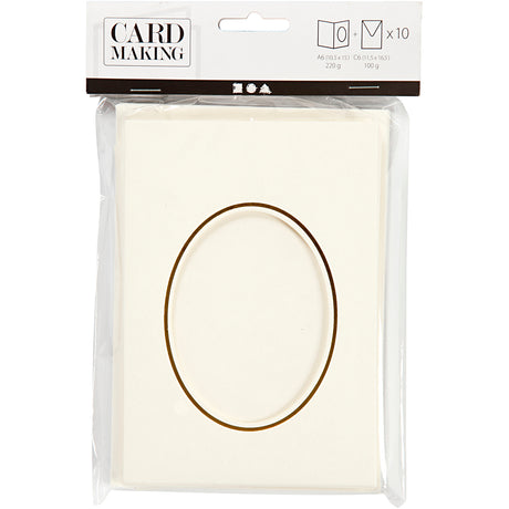 Cartes passe-partout Creativ company, ovales avec bord doré, format carte 10,5x15 cm, format enveloppe 11,5x16,5 cm, blanc cassé, 10 jeux 1 boîte