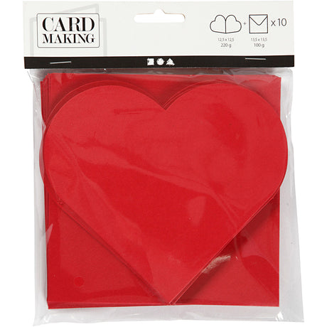 Cartes en forme de coeur Creativ company, format carte 12,5x12,5 cm, format enveloppe 13,5x13,5 cm, rouge, 10 jeux 1 boîte