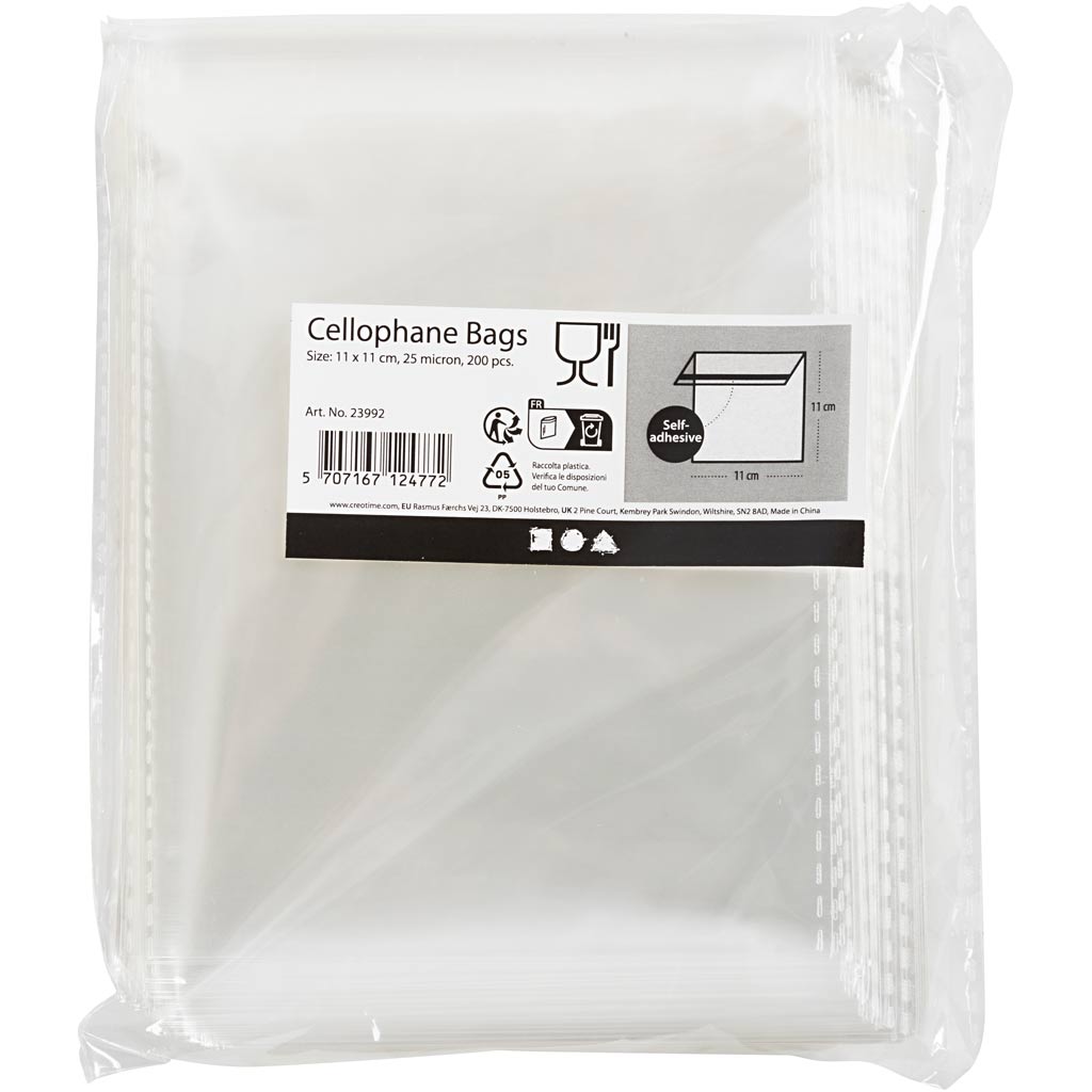 Sachets cellophane Creativ company, h : 11,3 cm, l : 11 cm, épaisseur 25 my, 200 pièces 1 boîte