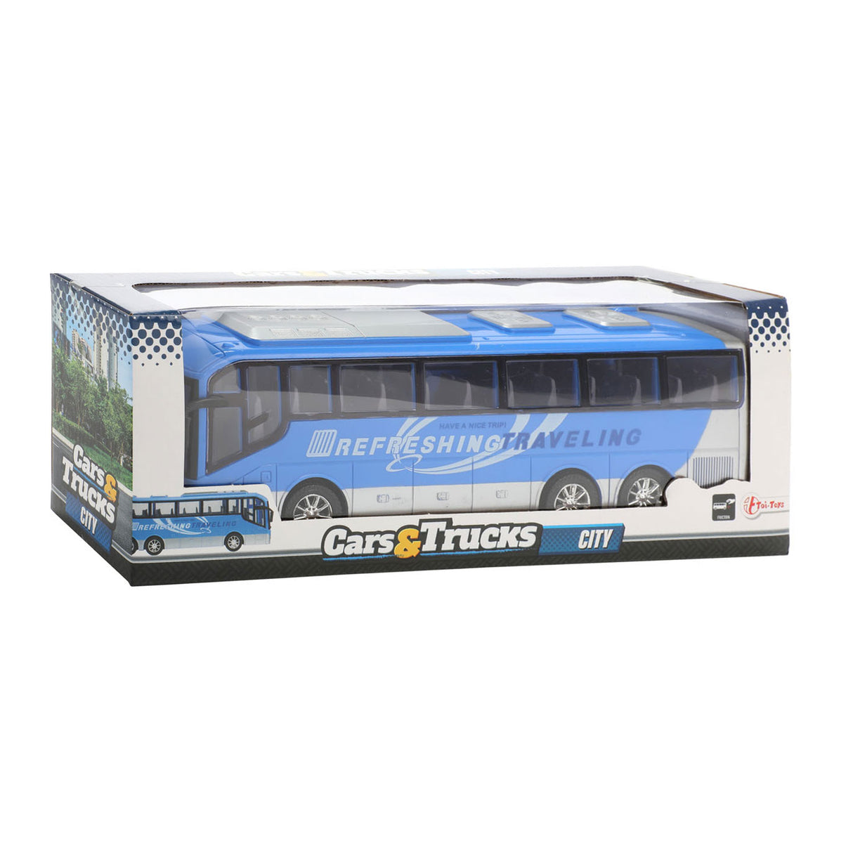 Toi-toys cars trucks reisbus blauw frictie, 32cm