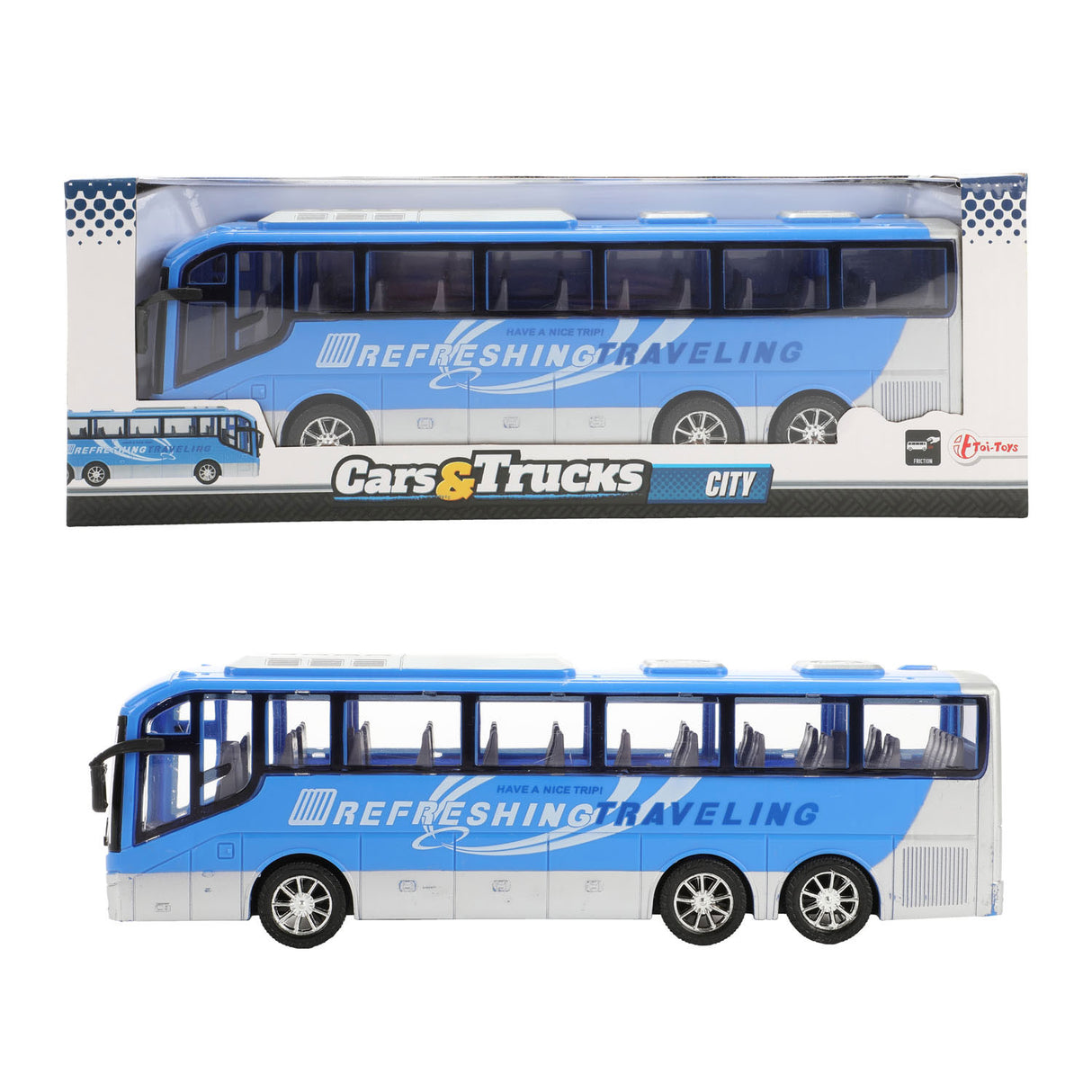 Voitures camions véhicule voyage bus bleu friction - 32cm