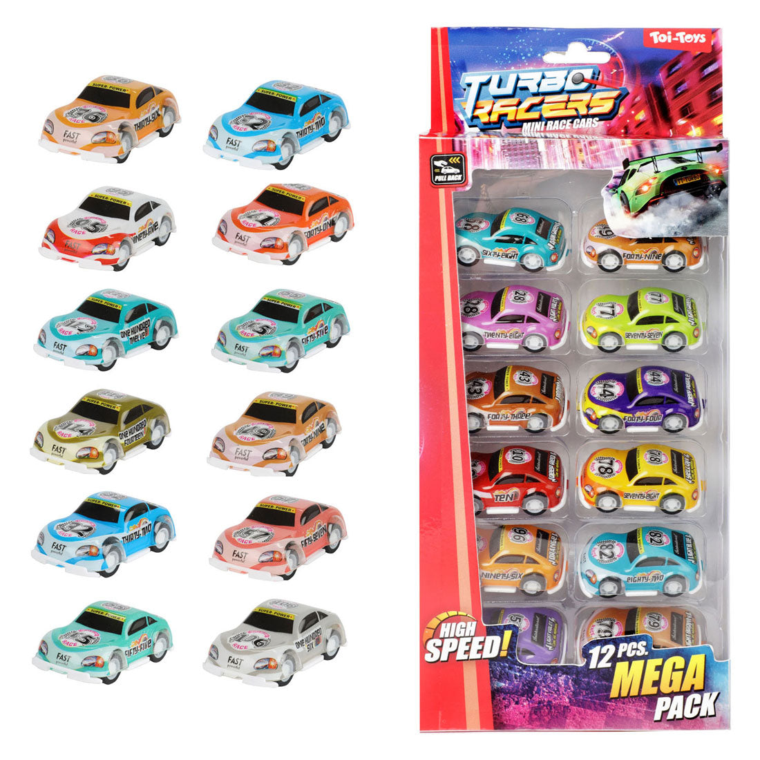 Toi-toys turbo racers retirent les voitures de course, 12 pcs.