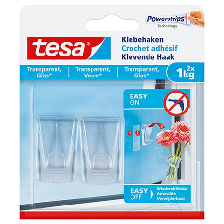 Tesa powerstrips ophang haken - 2x - transaparant - kunststof - 1 kg - voor tegels en glas