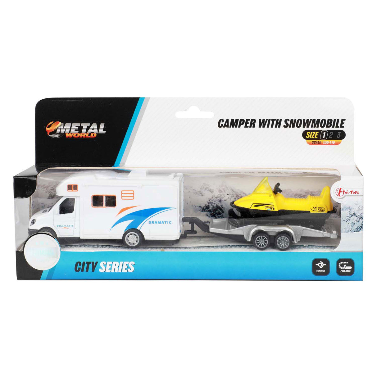 Toi-Toys Metal Pull tilbage Camper med trailer og snescooter