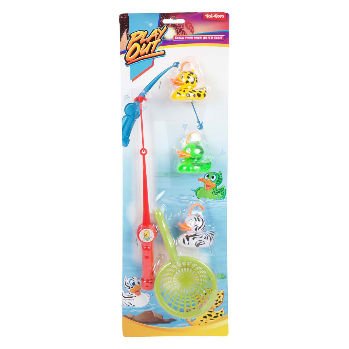 Toi-toys joue à un jeu de pêche, attrape le canard avec une canne à pêche et un filet