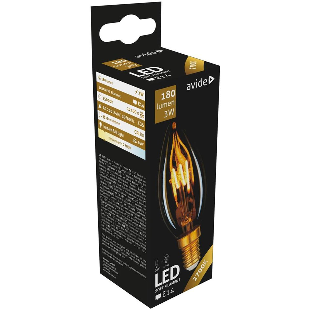 Lampe bougie LED à filament souple Avide 3W, culot E14 2700kelvin 180 lumen