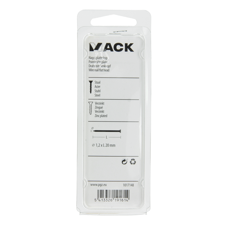 Mack 1017148 - nagel platte kop staal verzinkt 100 gr 1,2 x 20 mm | 5 stuks