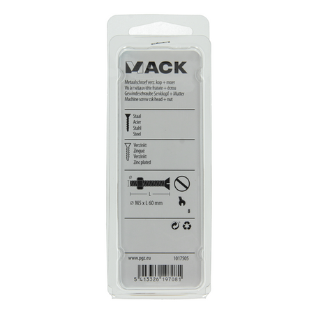 Mack 1017505 - metaalschroef verz. kop + moer verz. 7 st m5 x 60 mm | 10 stuks