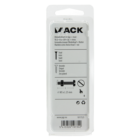 Mack 1017525 - metaalschroef cyl. kop + moer verz. 14 st m5 x 25 mm | 10 stuks