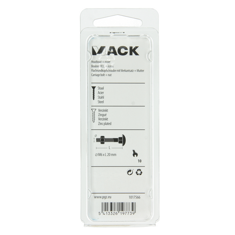 Mack 1017566 - houtbout + moer staal verzinkt10 st m6 x 20 mm | 5 stuks