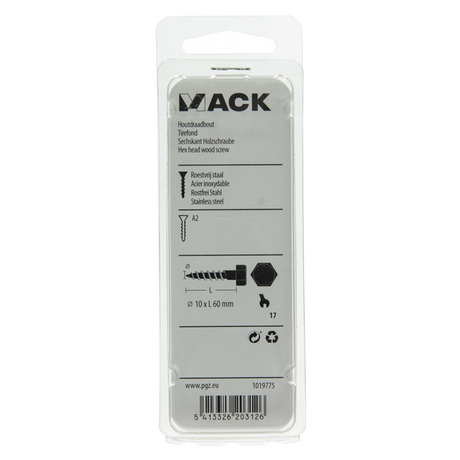 Mack 1019775 - houtdraadbout roestvrijstaal 2st 10 x 60 mm | 10 stuks