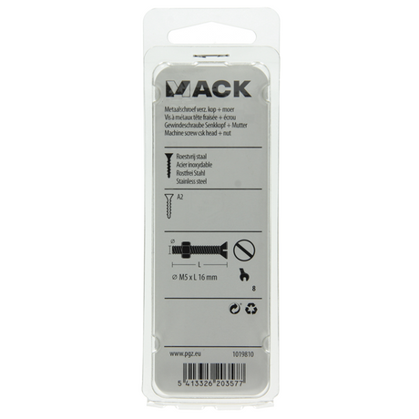 Mack 1019810 - metaalschroef verz. kop + moer rvs 8 st m5x16 | 10 stuks