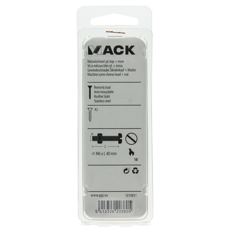 Mack 1019831 - metaalschroef cyl. kop + moer rvs 3 st m6x40 | 10 stuks