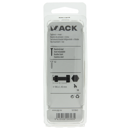 Mack 1019843 - tapbout + moer roestvrijstaal 4 st m6x40 | 10 stuks