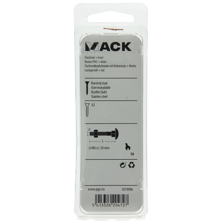 Mack 1019906 - houtbout + moer roestvrijstaal 6 st m6x20 mm | 10 stuks