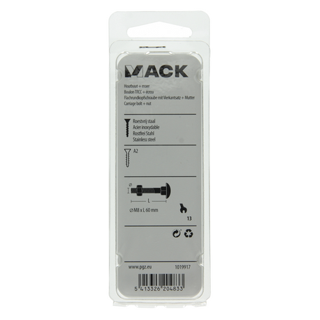 Mack 1019917 - houtbout + moer roestvrijstaal 3 st m8 x 60 mm | 5 stuks