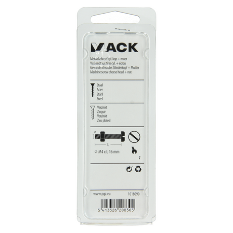 Mack 1018090 - metaalschroef cyl. kop + moer verz. 60 st m4 x 16 mm | 5 stuks