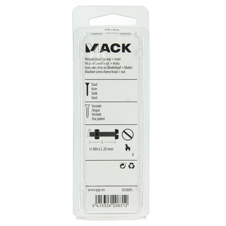 Mack 1018091 - metaalschroef cyl. kop + moer verz. 55 st m4 x 20 mm | 5 stuks