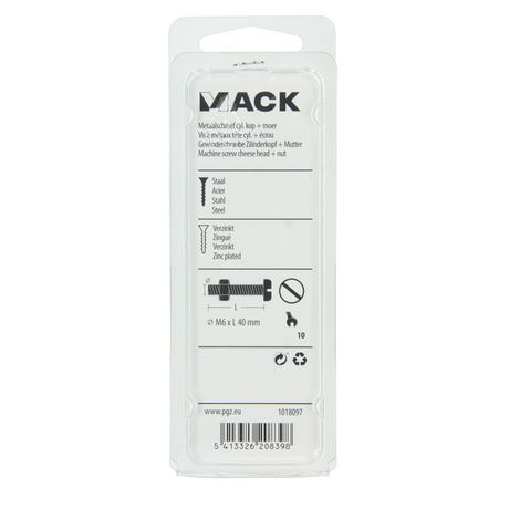 Mack 1018097 - metaalschroef cyl. kop + moer verz. 16 st m6 x 40 mm | 5 stuks