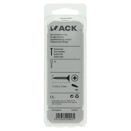 Mack 1019979 - spaanplaatschroef vz kop rvs 130 st 3,0 x 12 mm | 5 stuks