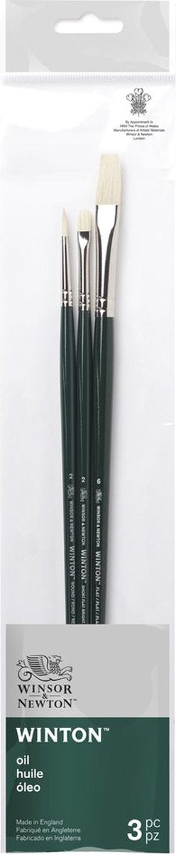 Winsor Newton 5990609 Winton Ensemble de pinceaux à huile – 3 pinceaux longs pour peinture à l'huile (poils ronds et plats – rond 2, court plat brillant 2, plat 6)