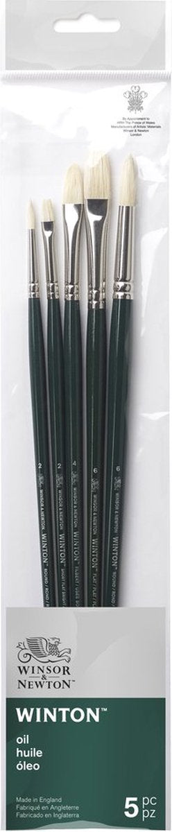 Winsor Newton 5990611 Ensemble de pinceaux à huile Winton – 5 pinceaux longs pour peinture à l'huile (poils ronds et plats en filbert - rond 2, rond 6, court plat brillant 2, plat 6 et filbert 4)