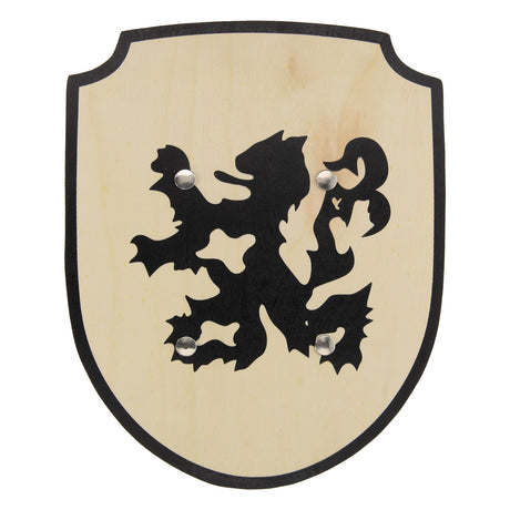 Bouclier en bois Playwood chevalier lion avec jouet à poignée en tissu.