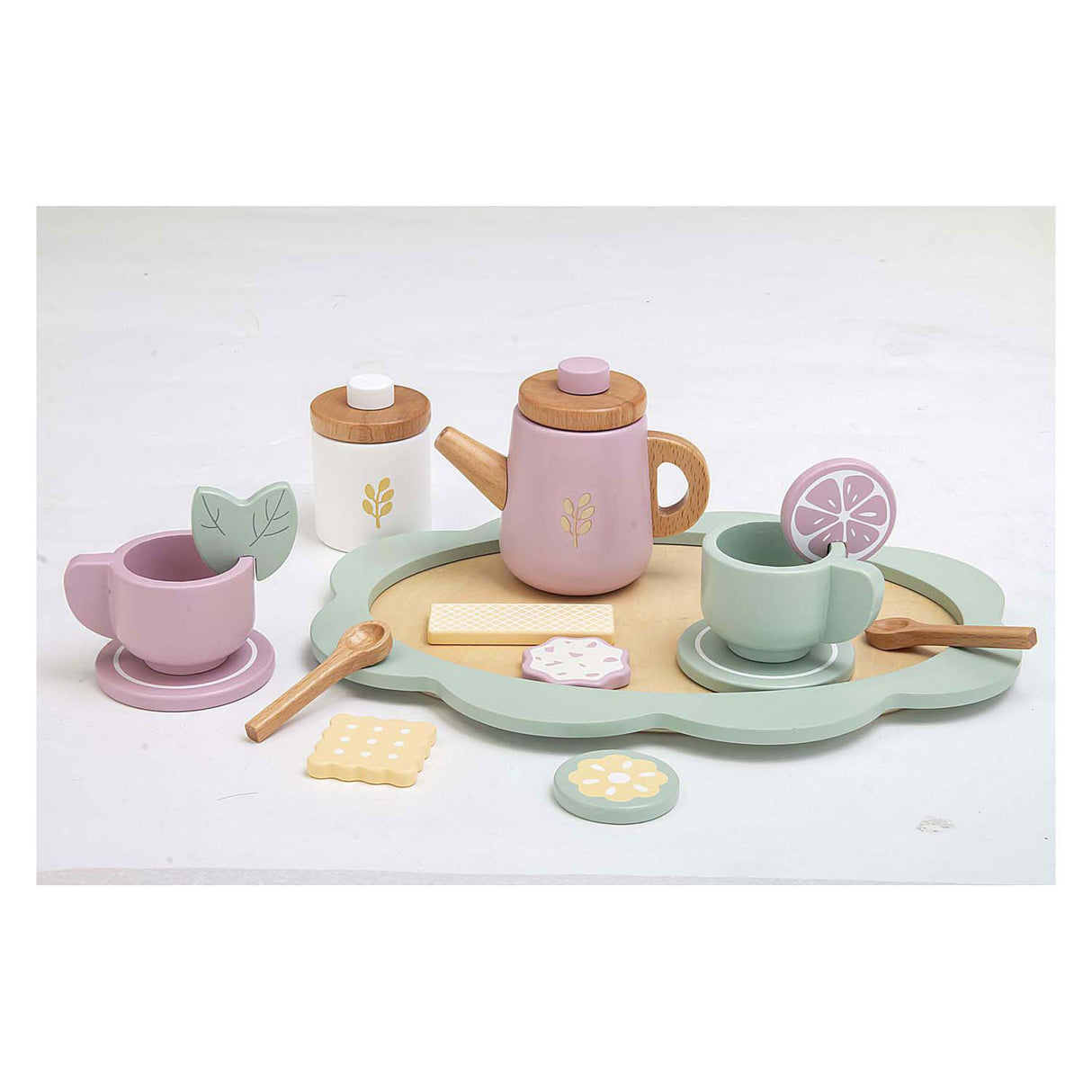 Service à thé en bois Playwood pastel, 17 pièces.