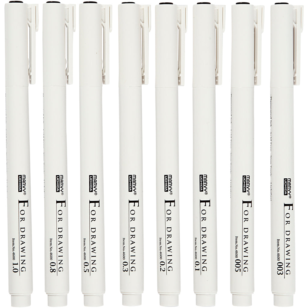 Feutres fins, largeur de trait 0,03+0,05+0,1+0,2+0,3+0,5+0,8+1,0 mm, noirs, 8 pièces 1 boîte