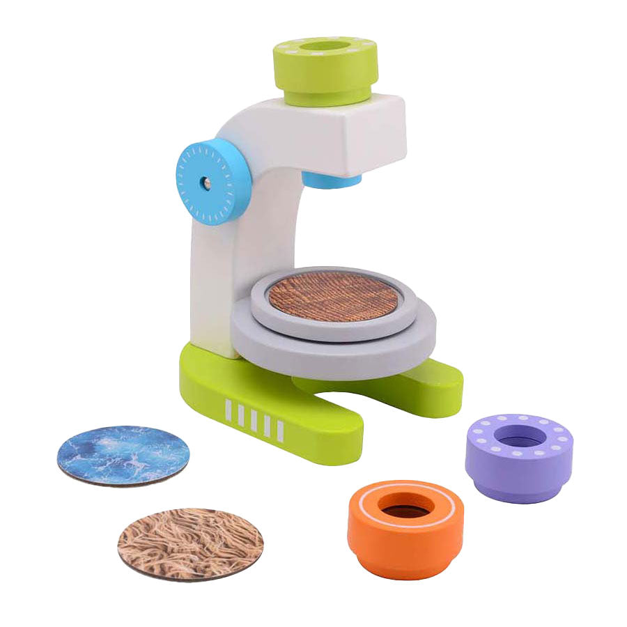 Microscope en bois Joueco avec 3 lentilles, 7 pièces.