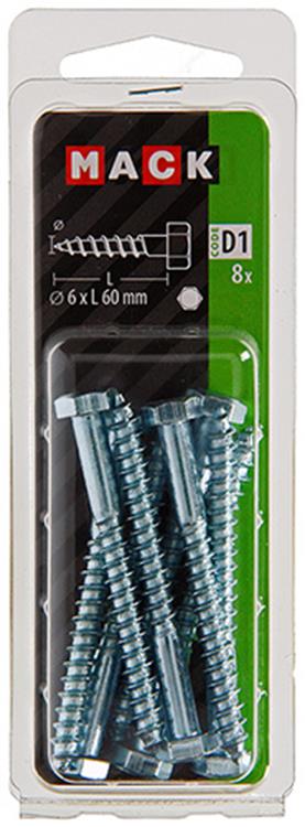 Mack 1017406 - houtdraadbout staal verzinkt 8 st 6 x 60 mm | 10 stuks