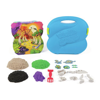 Sable cinétique - set découverte t-rex avec 680 g de sable de jeu, 5 formes fossiles multifonctionnelles et une pelle - dans une boîte de rangement - jouets sensoriels