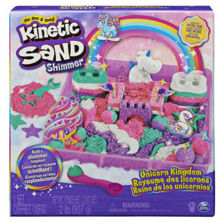 Spinmaster Kinetic Sand Shimmer – Ensemble de jeu Unicorn Kingdom avec 907 g de sable cinétique original brillant, 8 outils – Jouet sensoriel