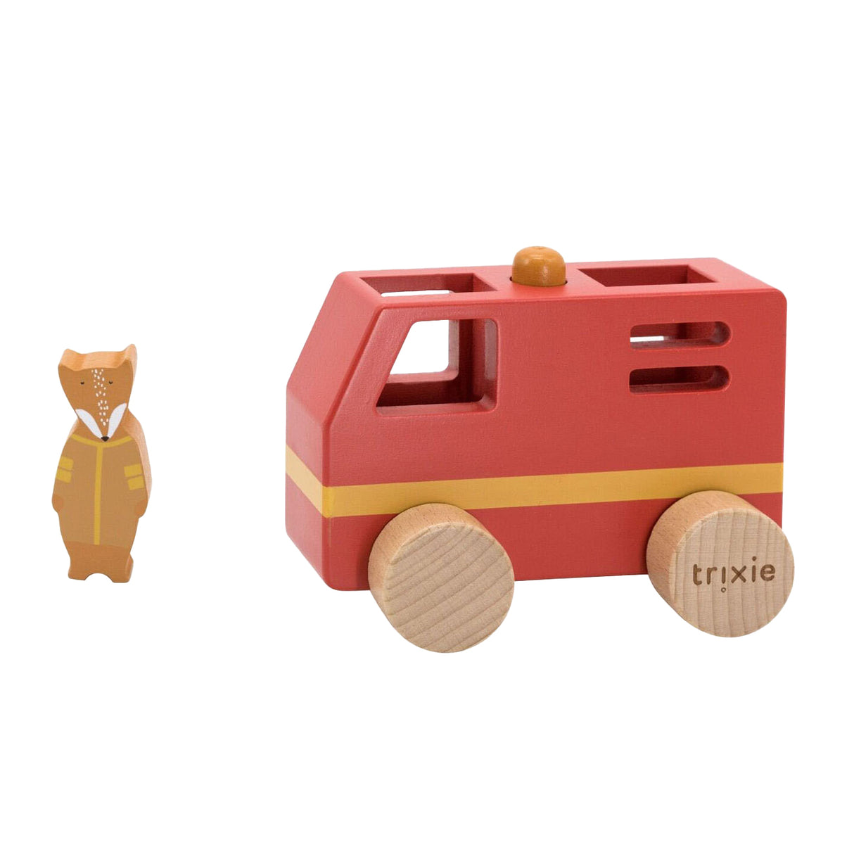 Mini camion de pompiers en bois Trixie - véhicule jouet en bois durable - amusant pour garçons et filles - avec M. Fox