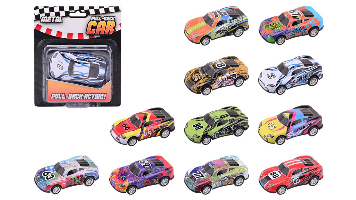 Johntoy john toy voiture de course à tirer en métal 10 cm sur carte blister disponible en 12 modèles différents.