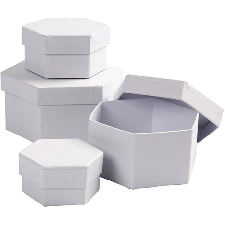 Boîtes hexagonales Creativ company, h: 4+5+6+7 cm, d 6,5+8+10+12 cm, blanc, 4 pièces 1 set