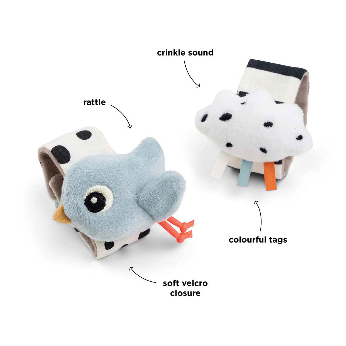 Done by Deer – hochet de poignet Happy Clouds bleu, 2 pcs.