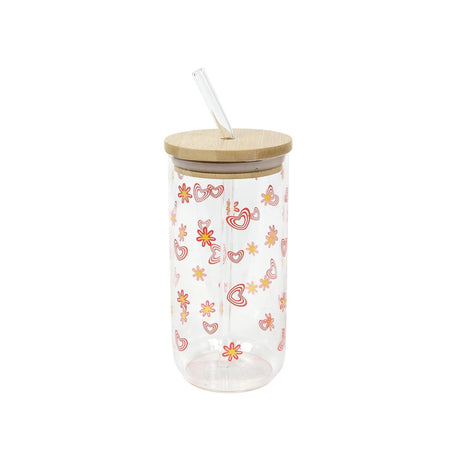 Verre à boire avec paille et couvercle en bambou imprimé floral 500ml ø7,5x15cm