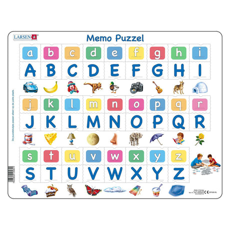 Alphabet Larsen avec images – puzzle – apprendre à lire – alphabet – puzzle éducatif pour enfants – 52 pièces – fabriqué en Norvège – pièces extra épaisses de 2,5 mm – plateau avec bord fixe