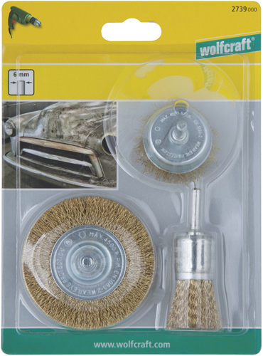 Wolfcraft - jeu de brosses métalliques en laiton pour perceuse - brosse en acier - brosse coupe - 3 parties - 2739000