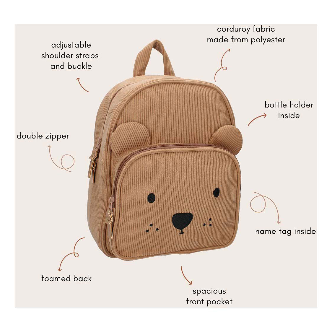 Kidzroom sac à dos porto beary excité marron