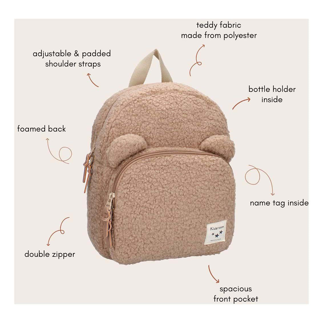 Kidzroom sac à dos porto beary excité beige