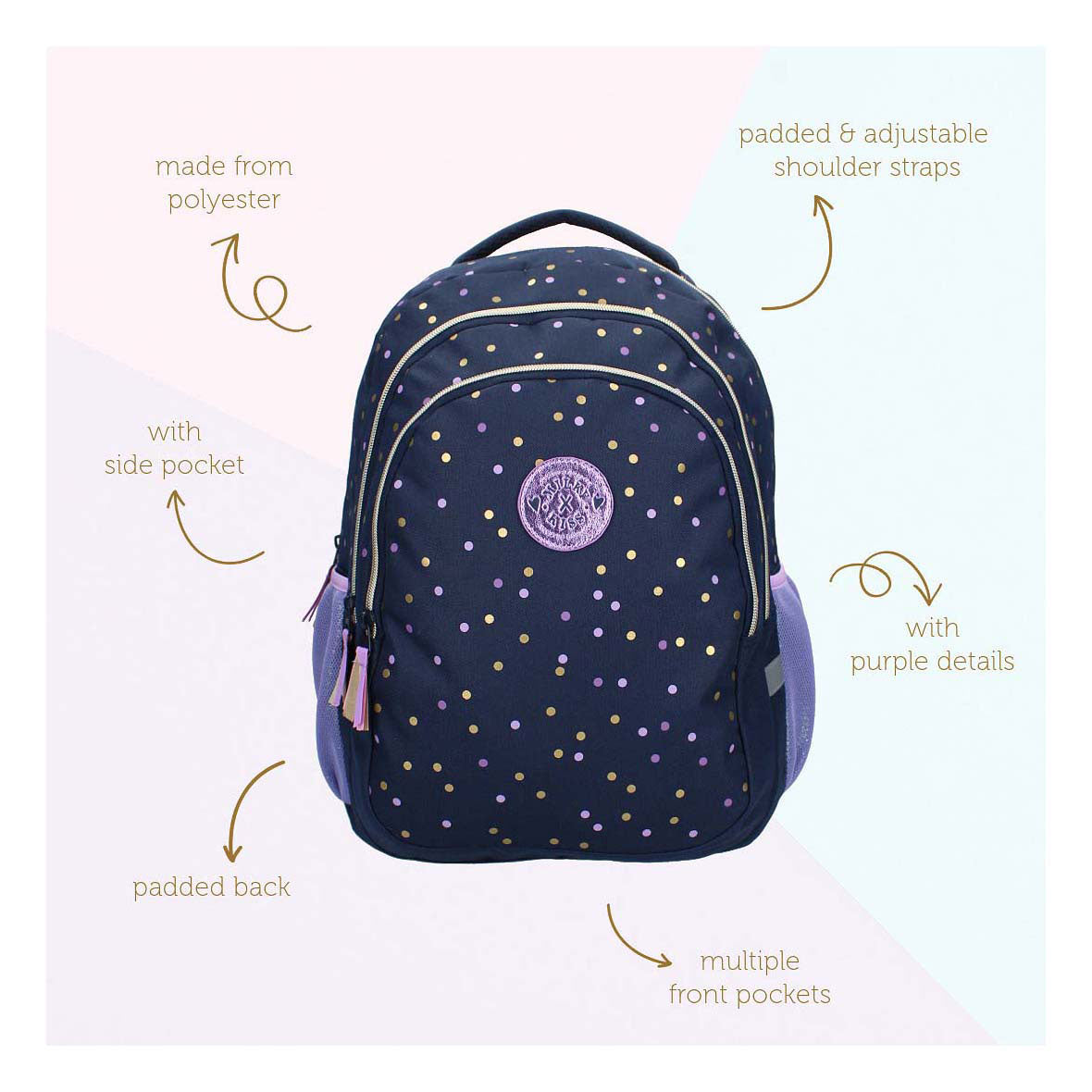 Sac à dos Milky Kiss Dotted Delight violet pois dorés, 3 compartiments